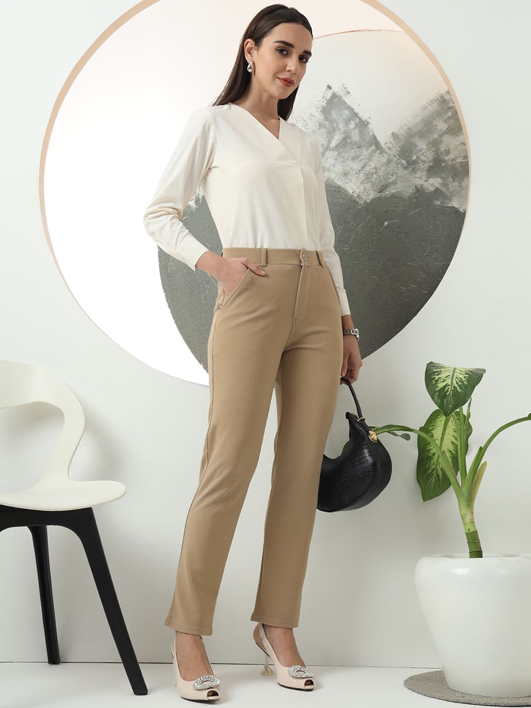 

FITHUB Women Slim Fit High-Rise Wrinkle Free Trousers, Beige