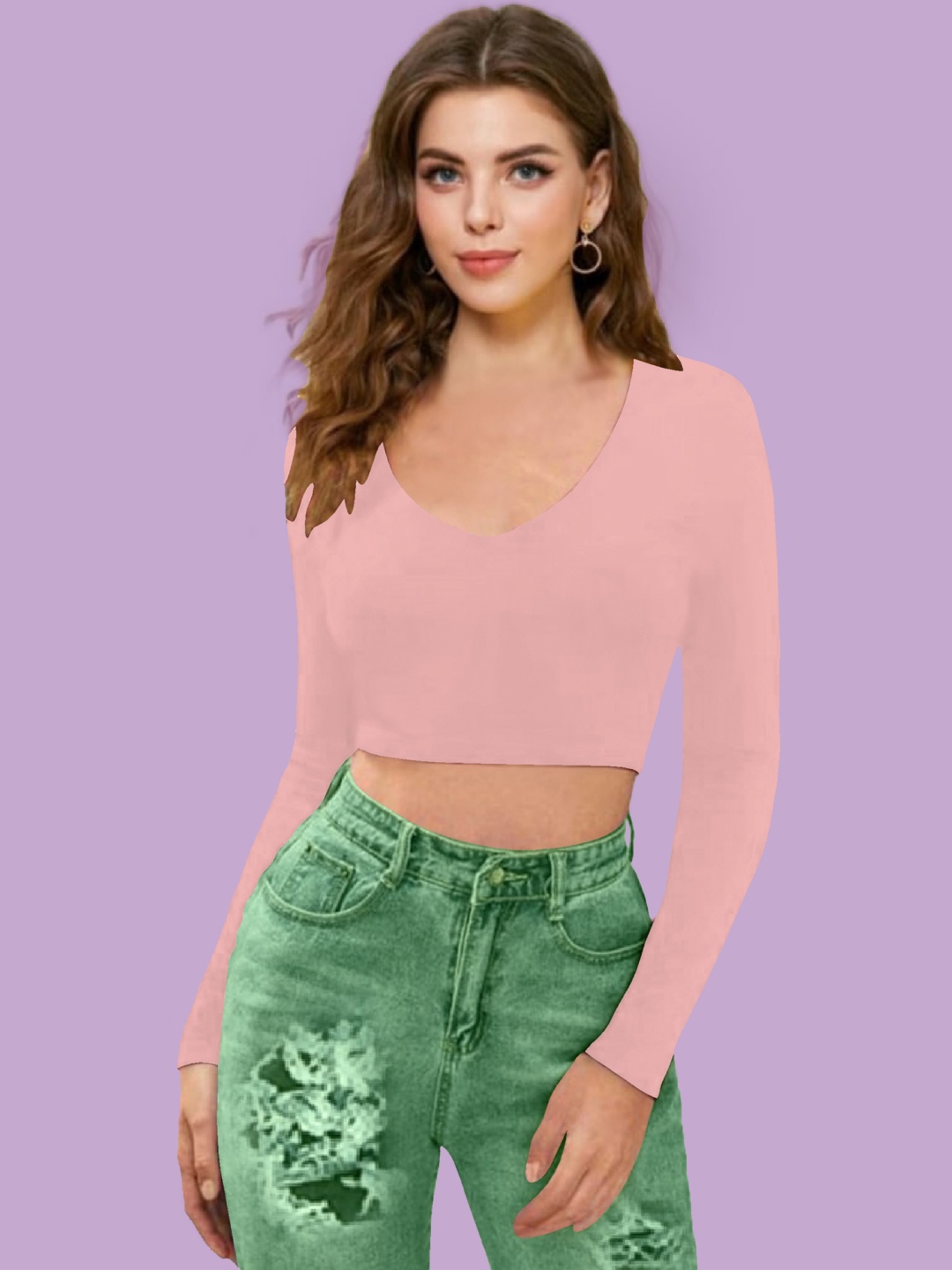 

Dream Beauty Fashion Women V-Neck Long Sleeves Fitted Crop Top, Peach