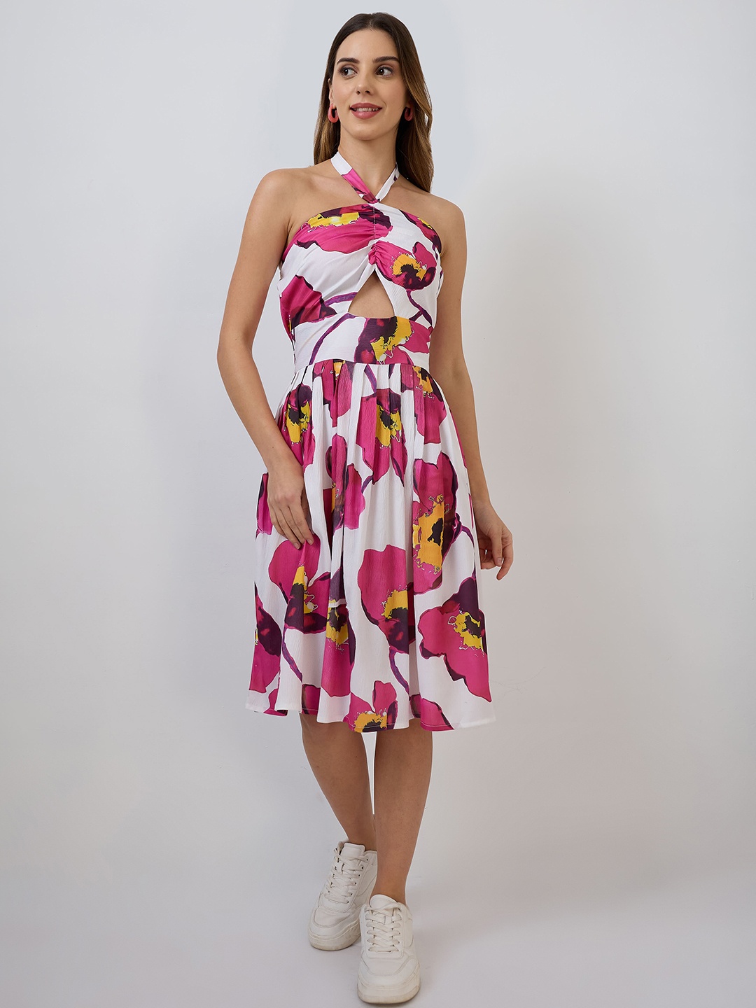 

DressBerry Floral Print Halter Neck Crepe Fit & Flare Dress, Pink