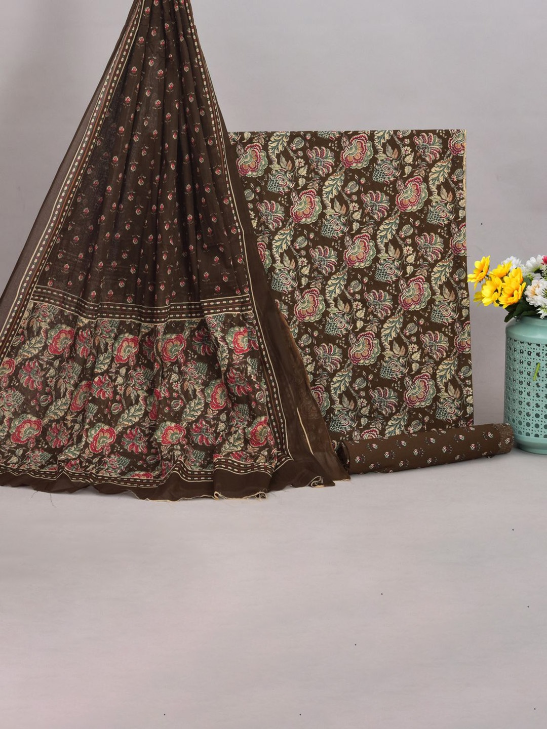 

NISHIRE Floral Printed Pure Cotton Unstitched Dress Material, Brown