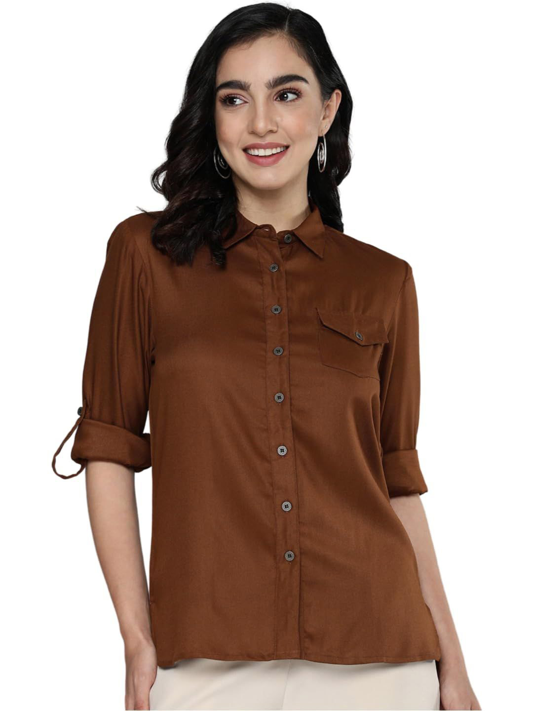 

13-Star Women Slim Fit Opaque Casual Shirt, Brown