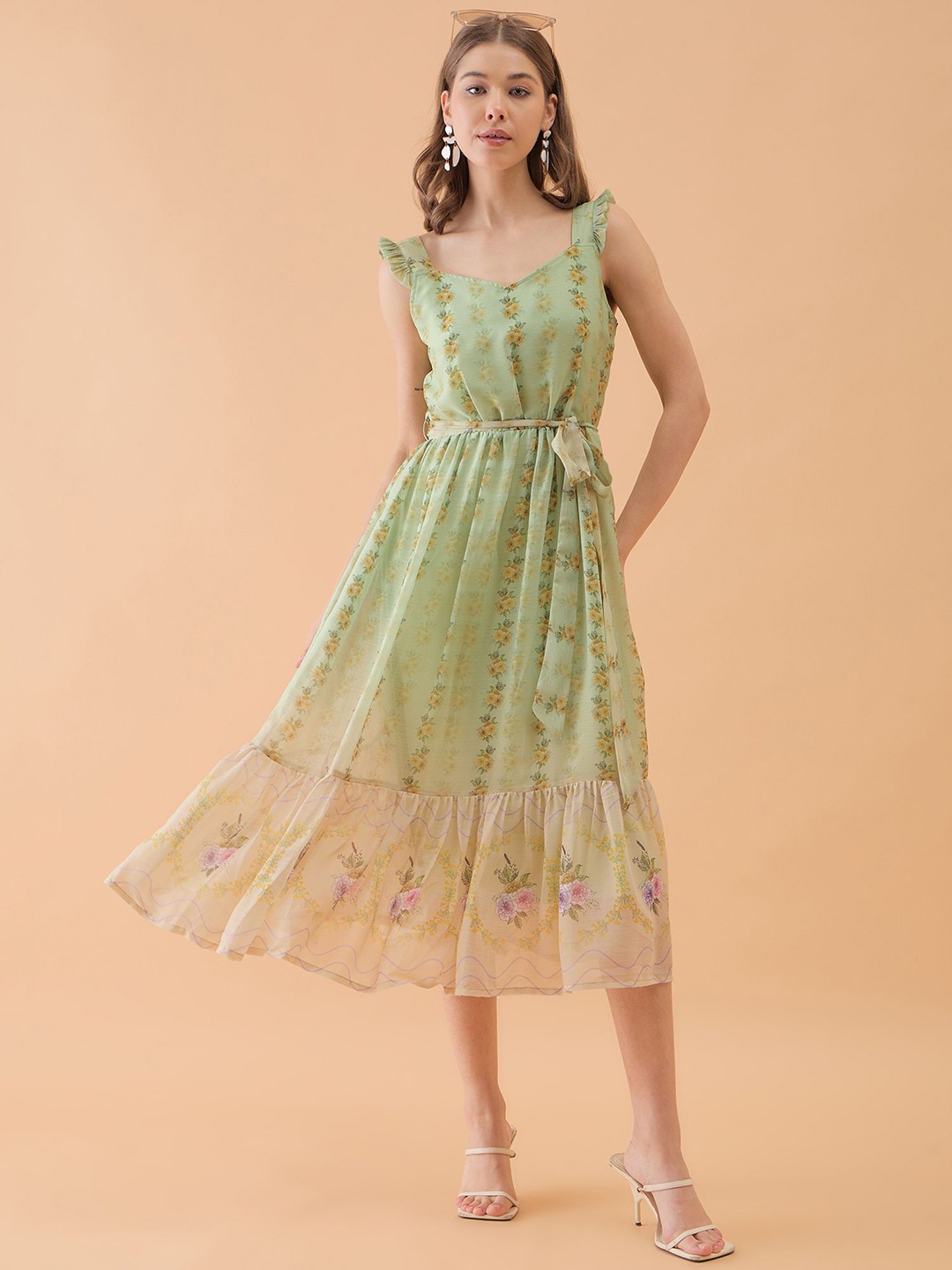 

OCTICS Floral Print Flutter Sleeve Georgette Fit & Flare Midi Dress, Green
