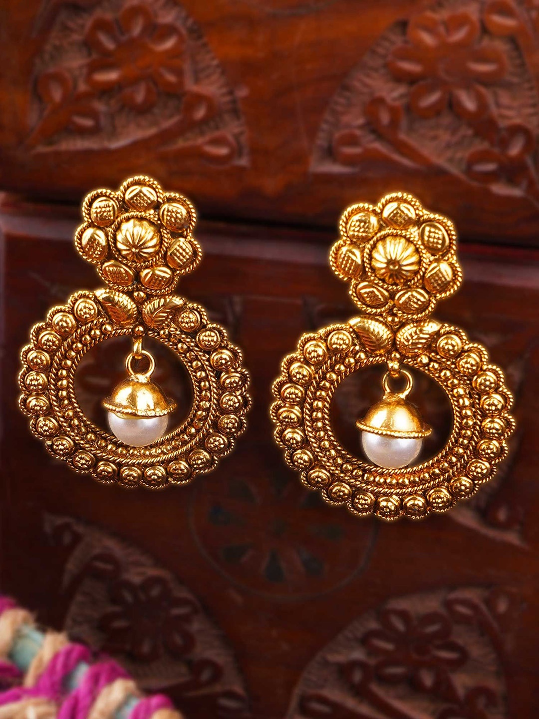 

Adwitiya Gold-Plated Artificial Beads Beaded Contemporary Shaped Drop Earrings