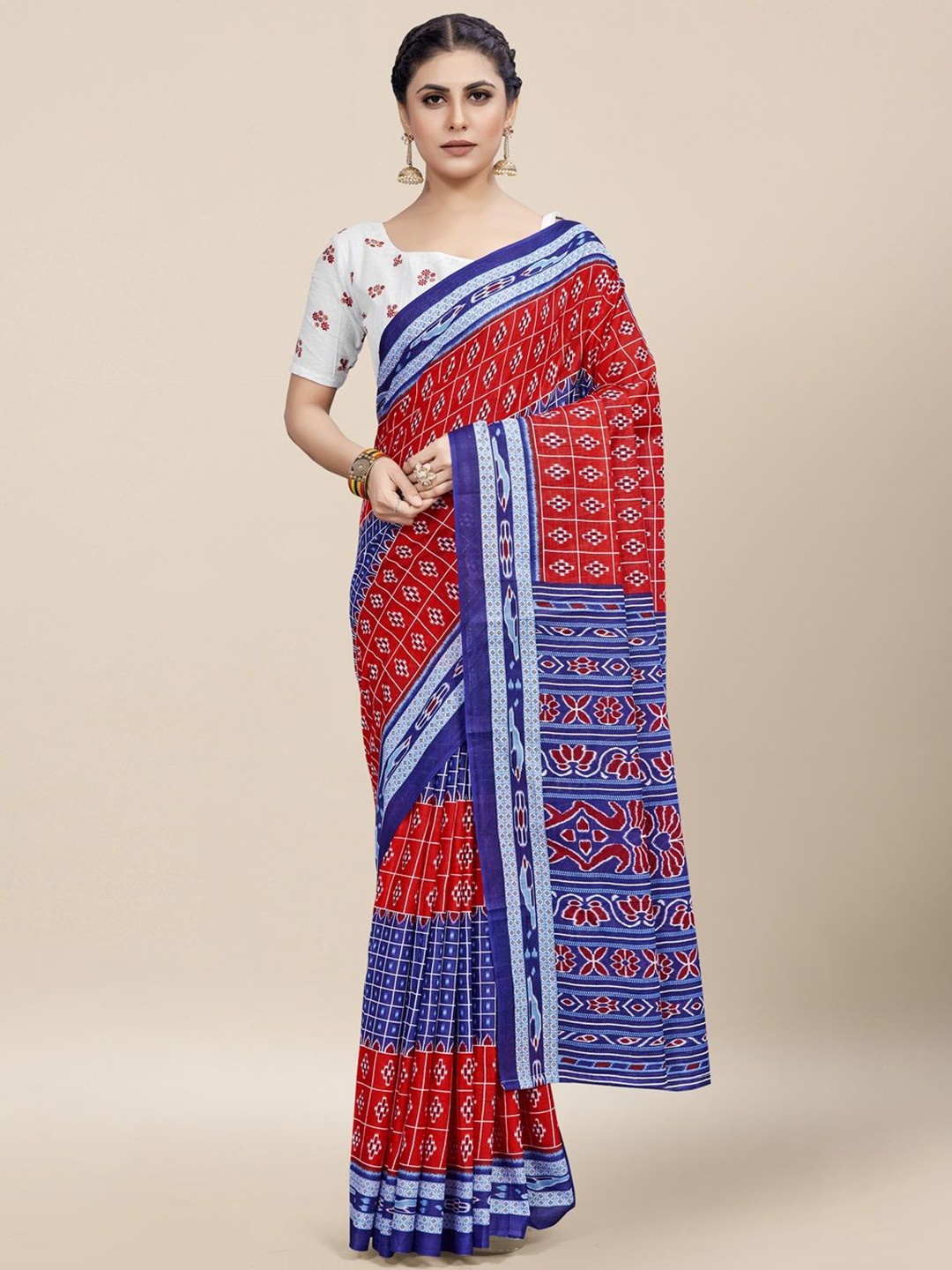 

HERE&NOW Printed Pure Cotton Ikat Saree, Red