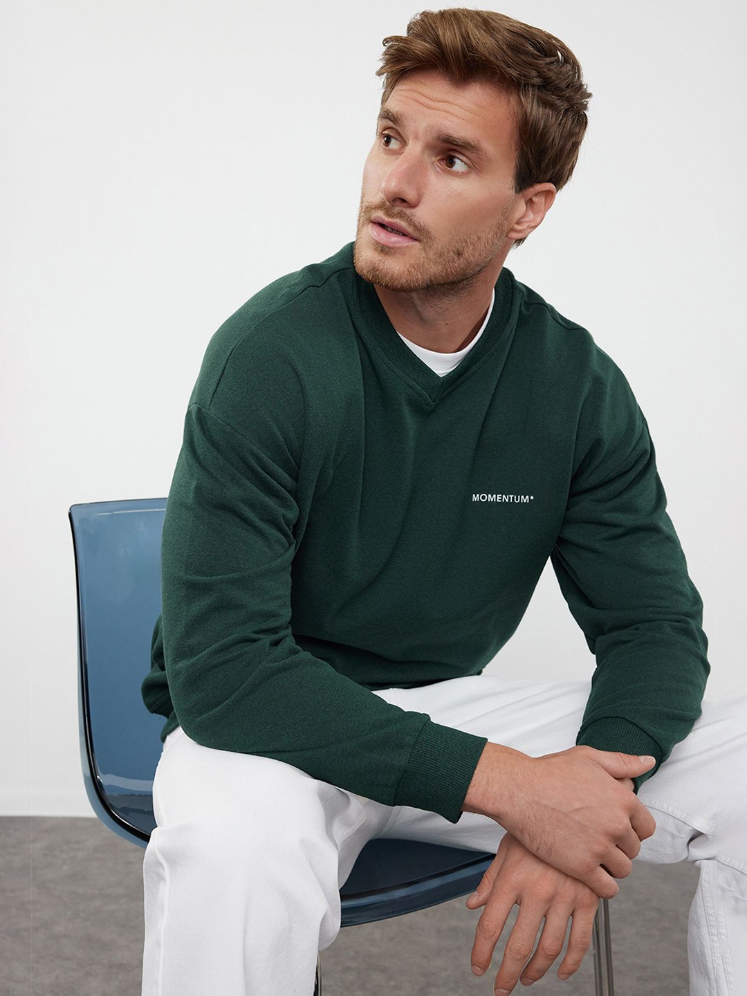 

Trendyol Men Printed V-Neck Pullover Sweatshirt, Green