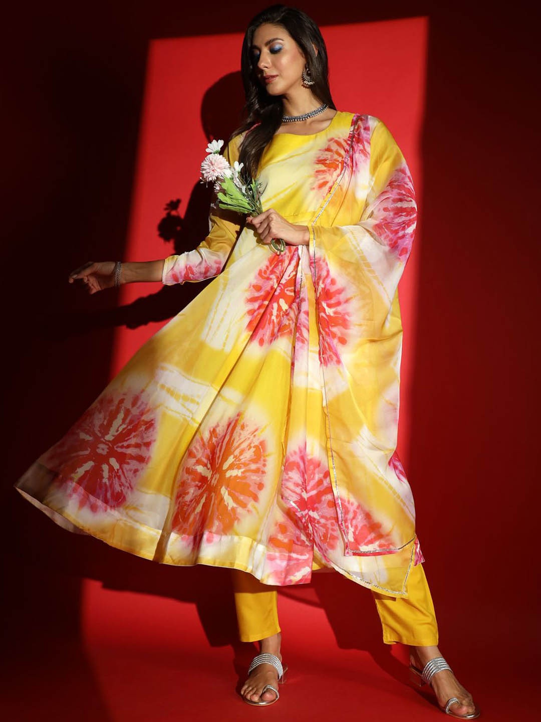 

Fashion Care Navlik Shibori Dyed Panelled Organza Anarkali Kurta With Trousers & Dupatta, Yellow