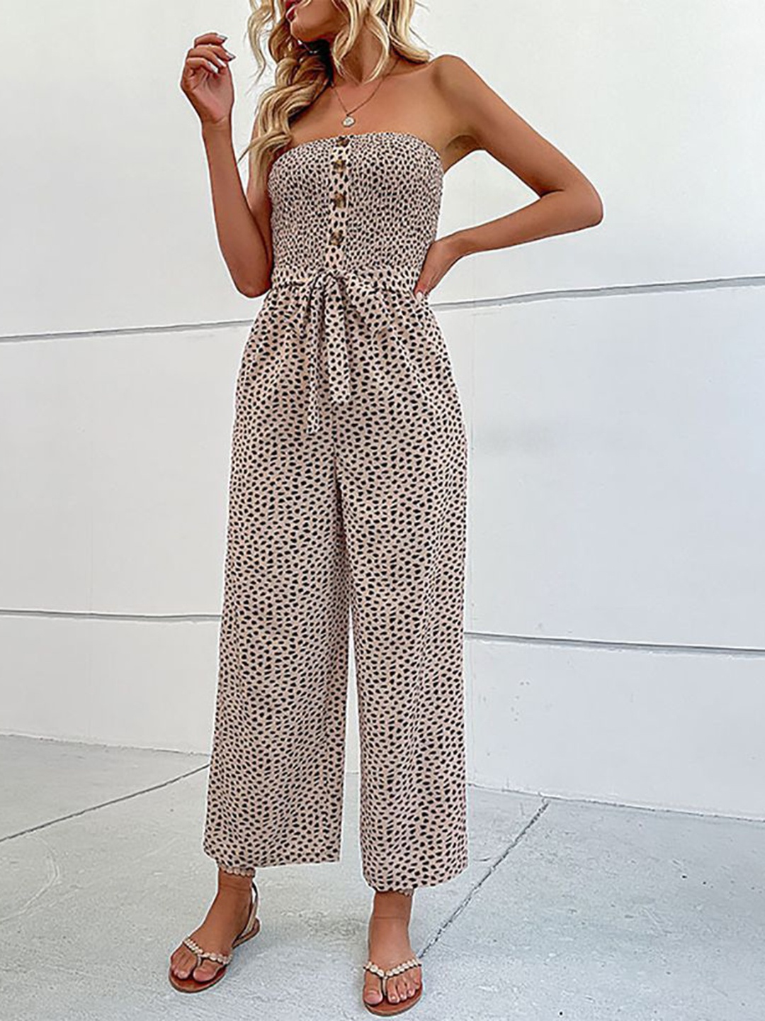 

StyleCast x Revolte Women Off-Shoulder Printed Basic Jumpsuit, Beige