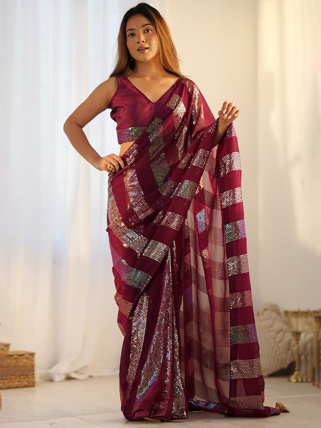 

MySilkLove Embellished Sequinned Pure Georgette Saree, Maroon
