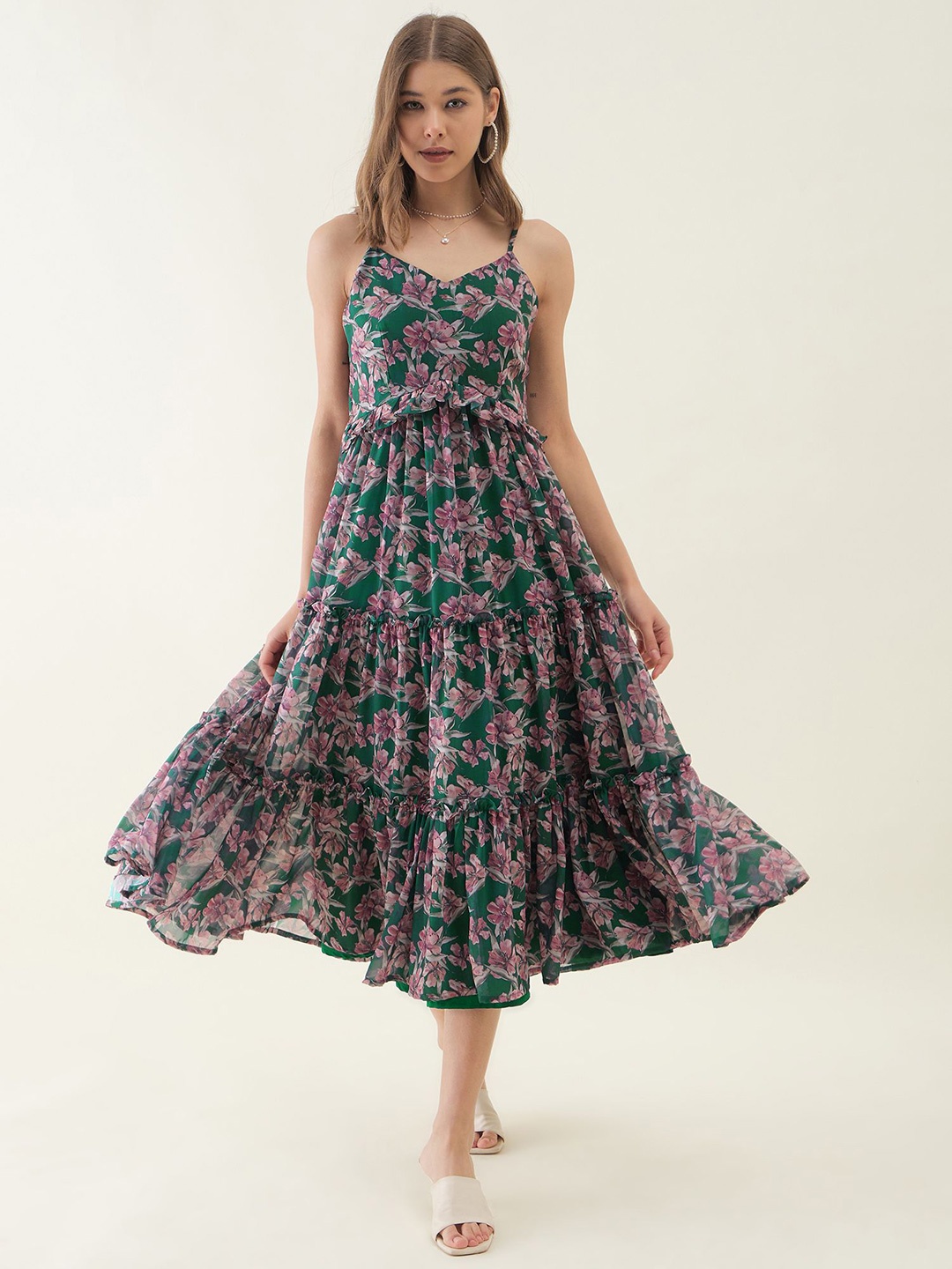 

OCTICS Women Floral Printed Georgette Fit & Flare Maxi Dress, Green