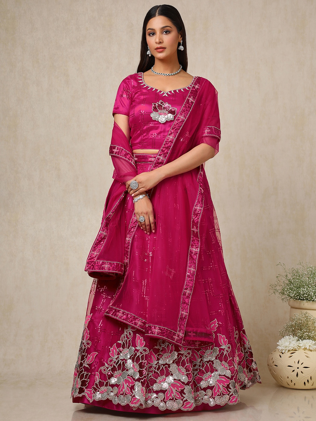 

Soch Embellished Sequinned Unstitched Lehenga & Blouse With Dupatta, Fuchsia