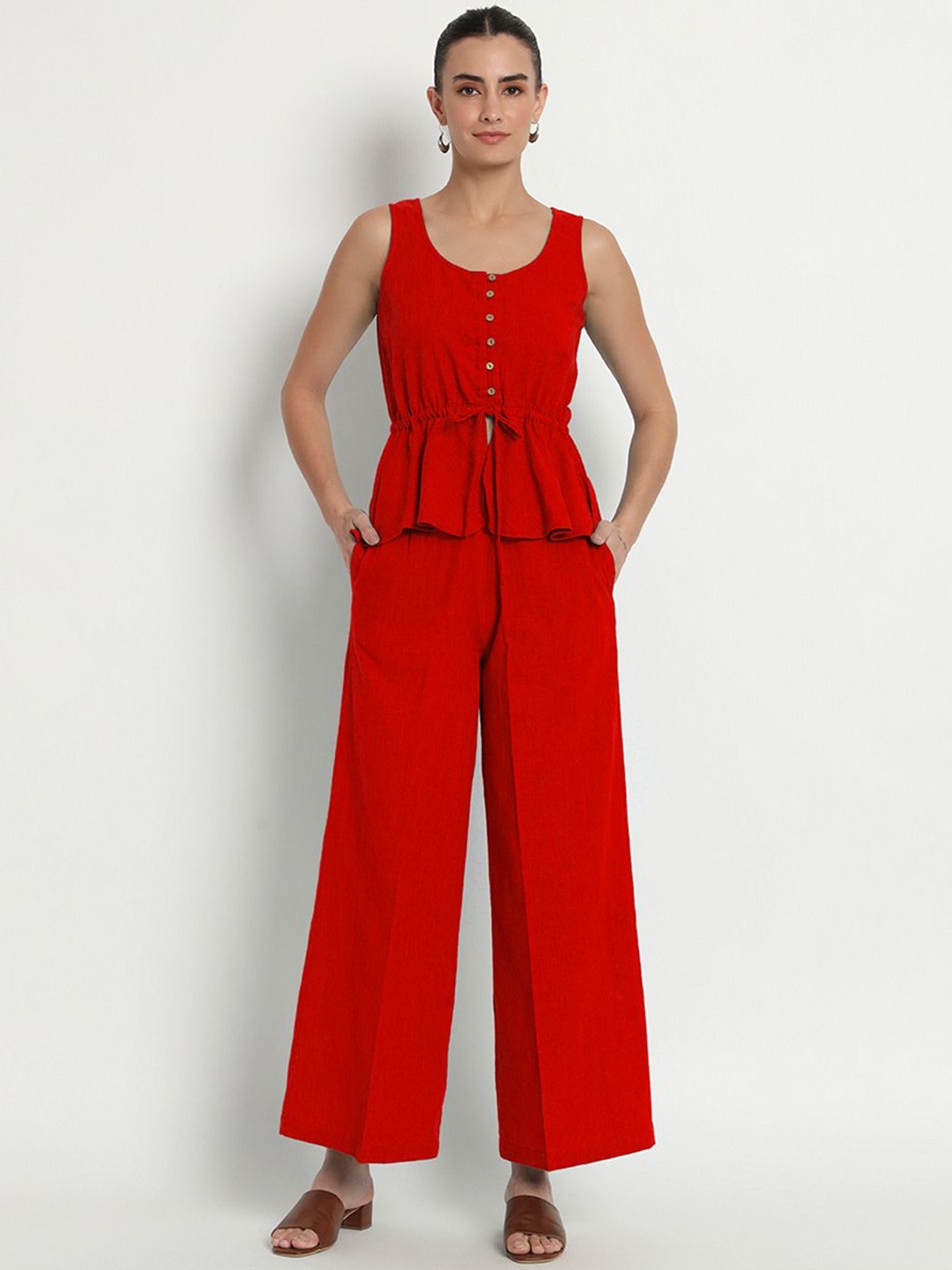 

Thevasa Paradise Round Neck Pure Cotton Peplum Top With Trouser, Red