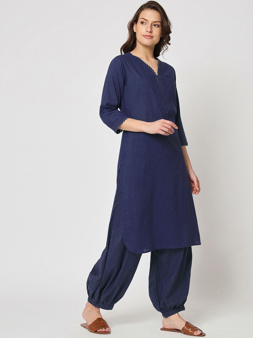 

Thevasa Lace Affair V-Neck Pure Cotton Tunic And Salwar, Navy blue