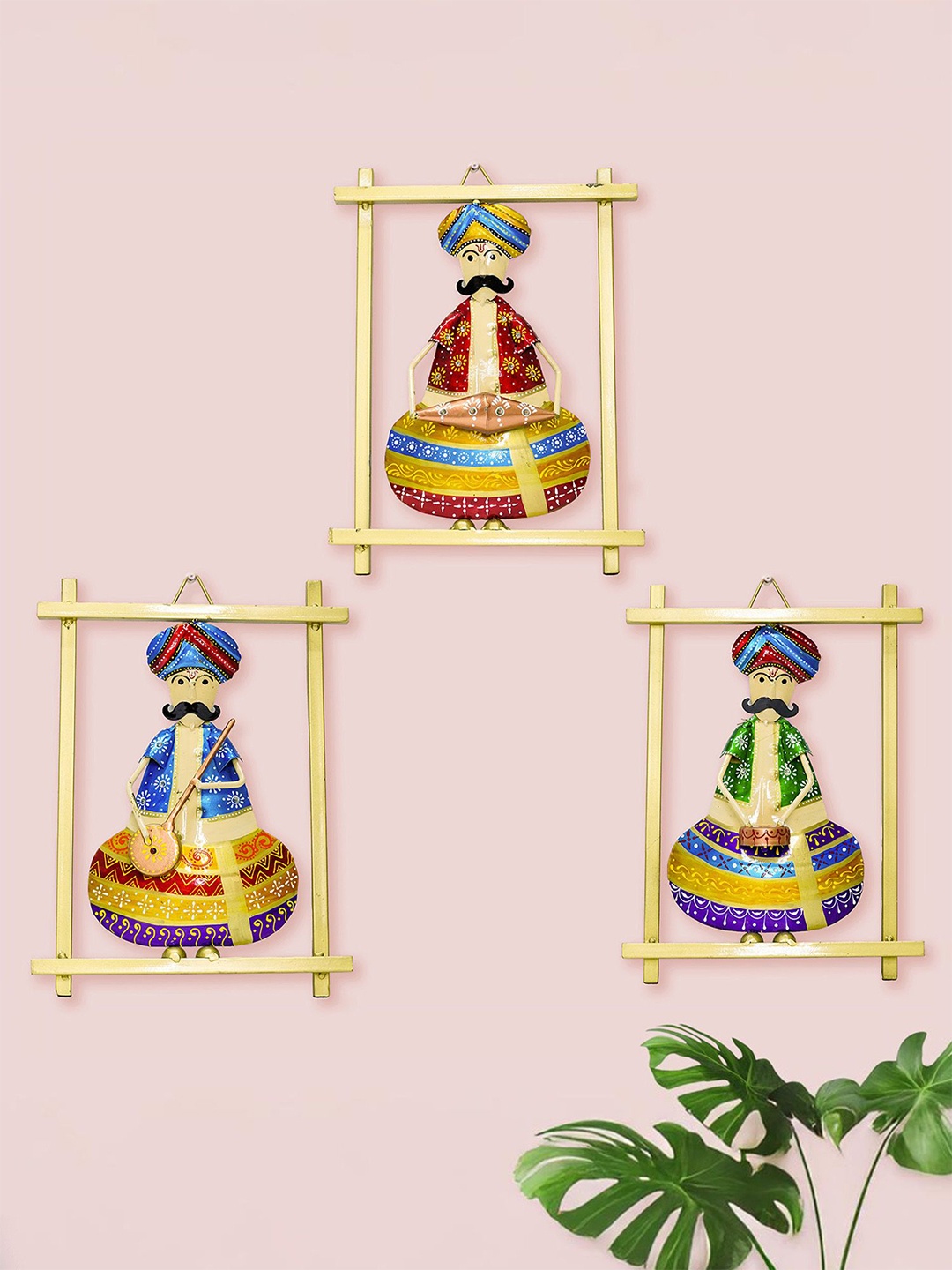 

Ekhasa Gold-Toned & Blue Printed Rajasthani Musicians Metal Wall Decor Set of 3