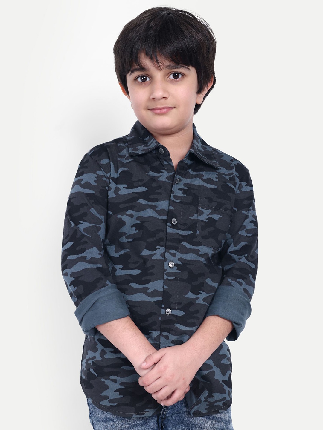 

ONE SKY Boys Spread Collar Camouflage Printed Cotton Casual Shirt, Grey