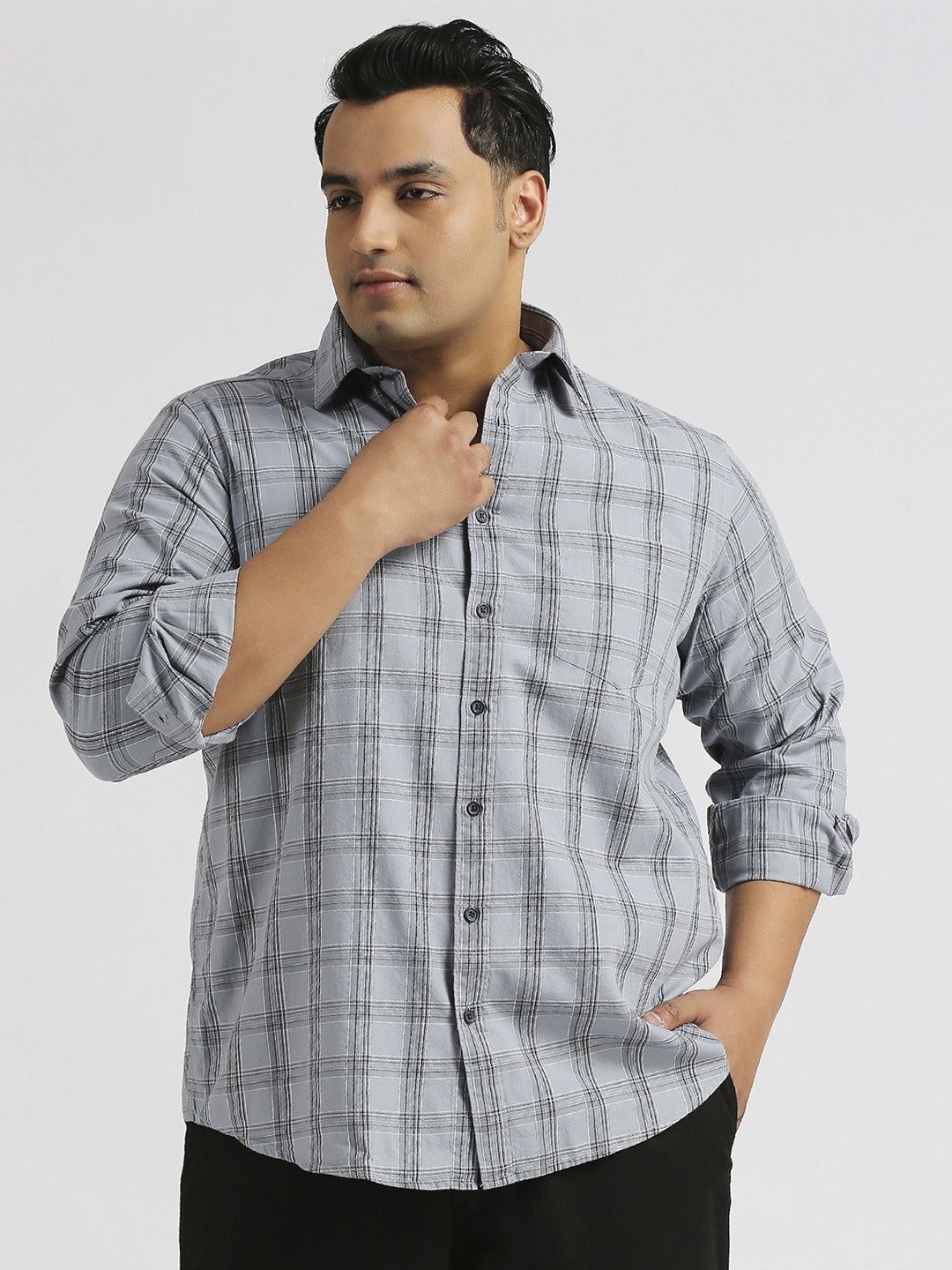 

Sizeupp Men Plus Size Standard Oversized Fit Tartan Checked Cotton Casual Shirt, Grey