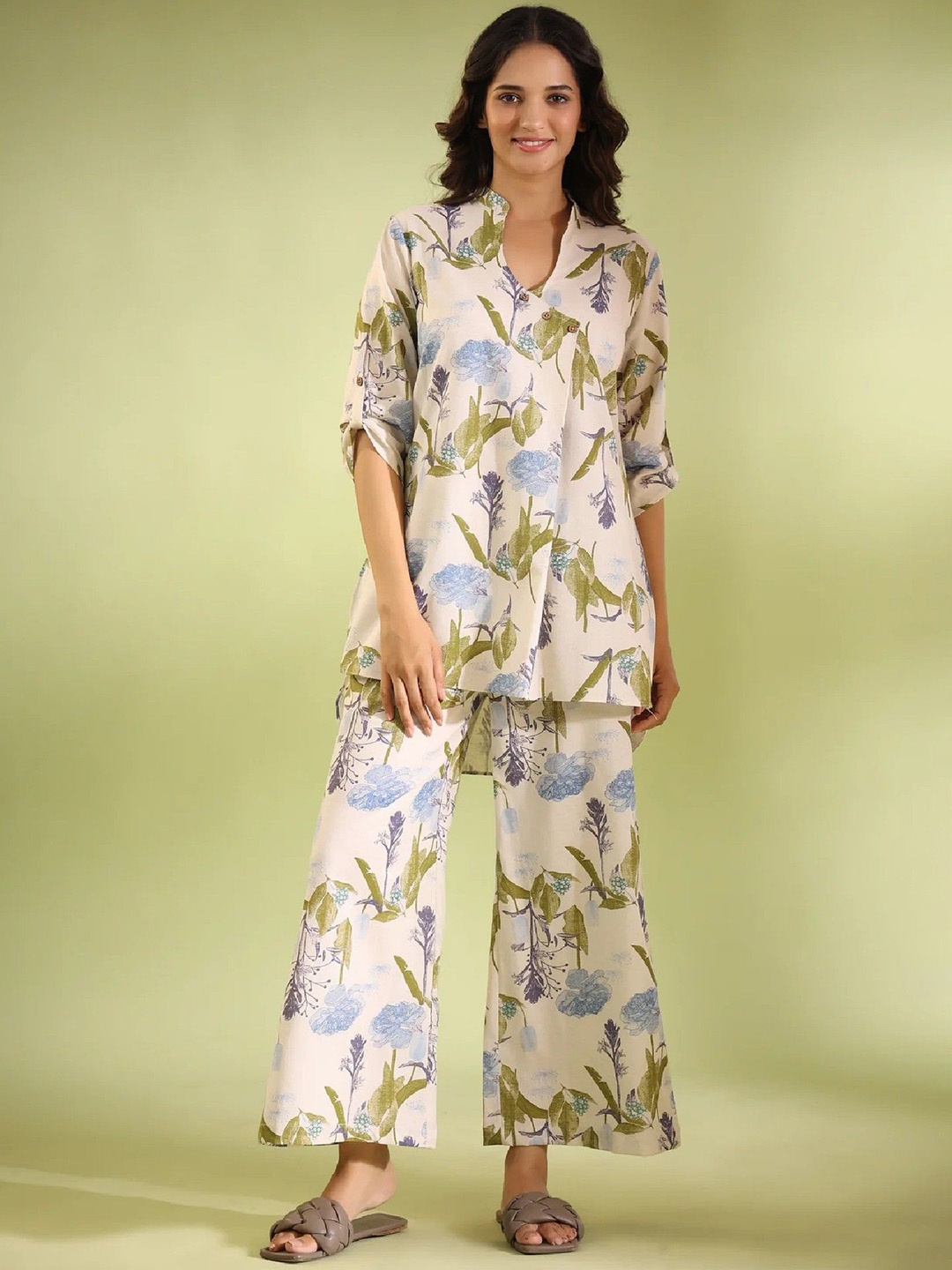 

Acriine Floral Printed Shirt Collar Pure Cotton Tunic And Trousers, Off white