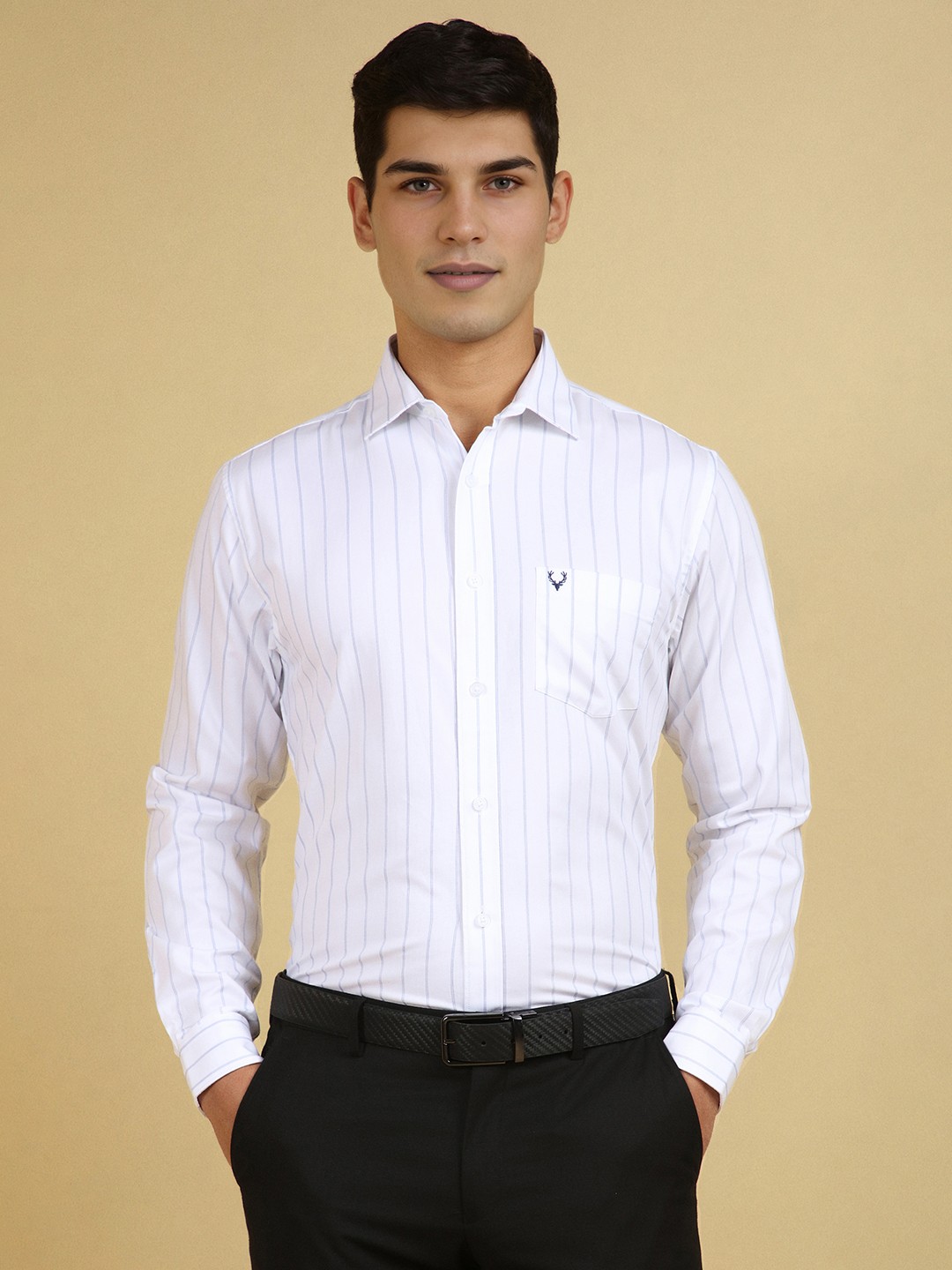 

Allen Solly Men Slim Fit Spread Collar Vertical Striped Cotton Formal Shirt, White