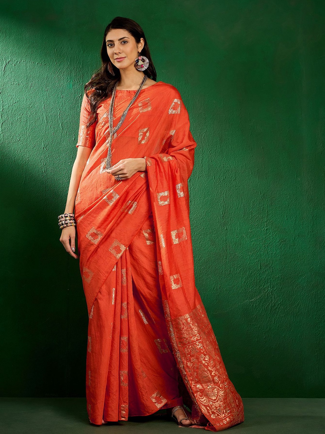 

KALINI Woven Design Zari Banarasi Saree, Orange