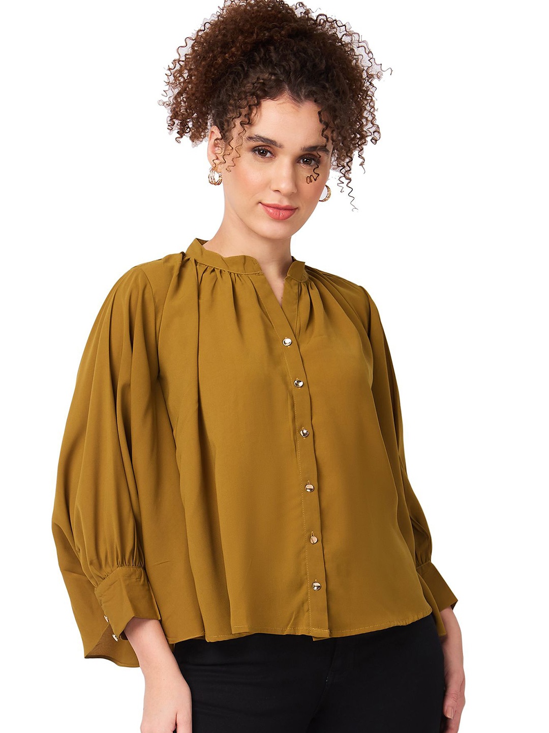 

Iti Women Mandarin Collar Cuffed Sleeves Peplum Top, Mustard