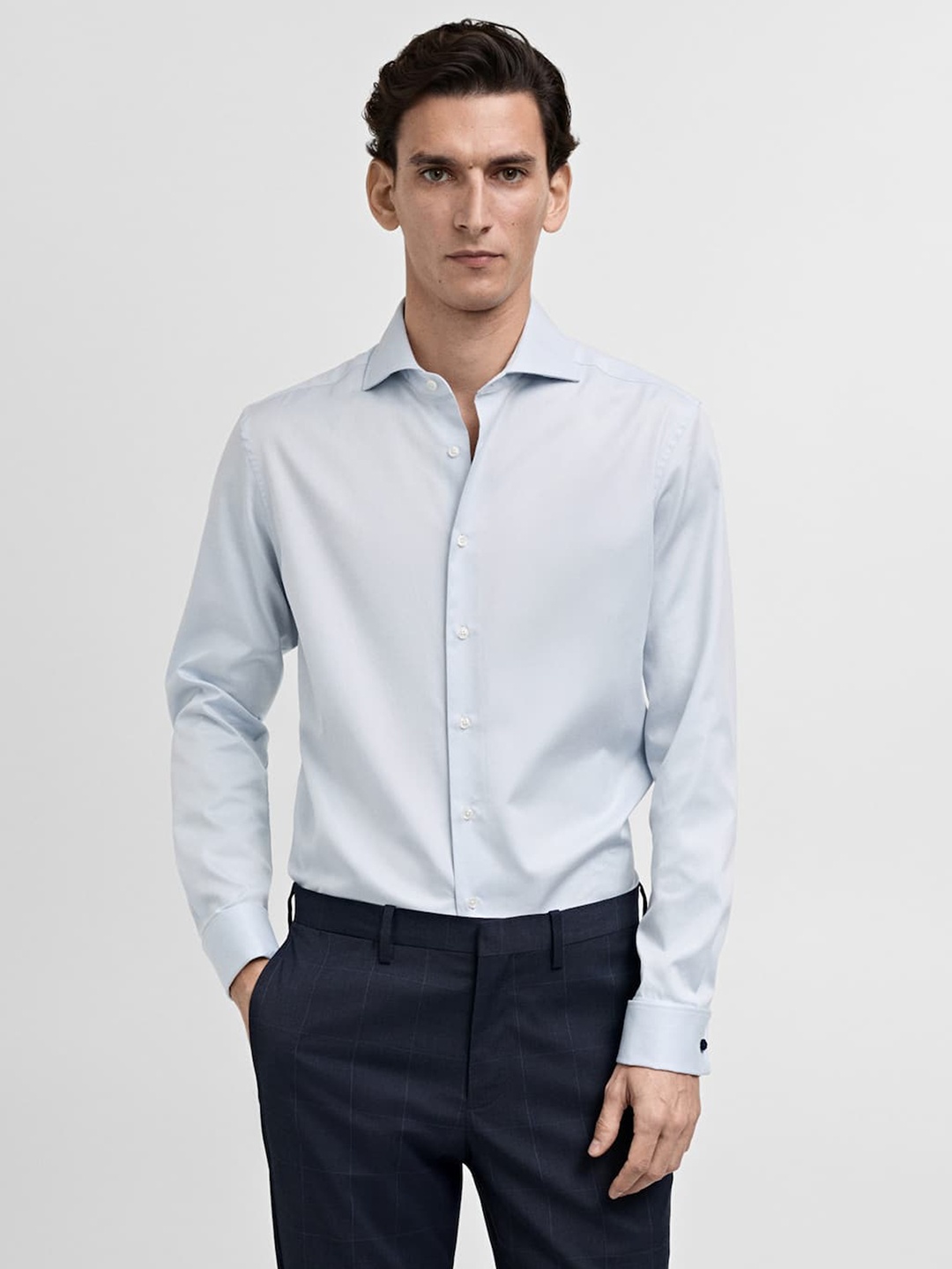 

MANGO MAN The Suit Collection Slim Fit Twill Pure Cotton Semiformal Shirt with Cufflinks, Blue