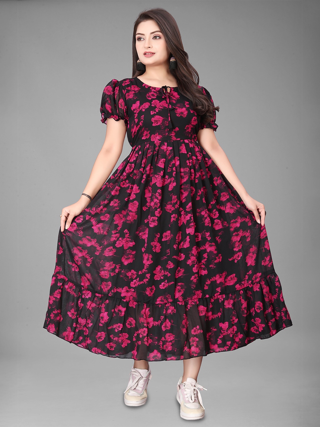 

QENA Floral Print Puff Sleeve Georgette Fit & Flare Maxi Dress, Black