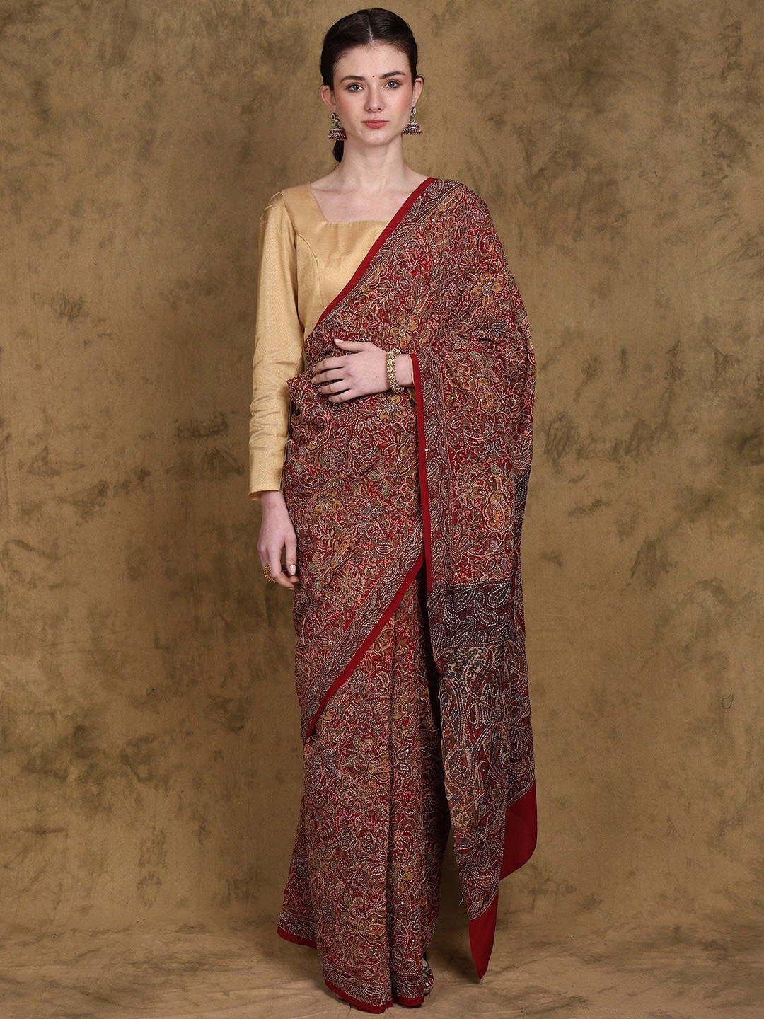 

Exotic India Floral Paisley Printed Saree with All-over Kantha and Sequins Embroidery, Red