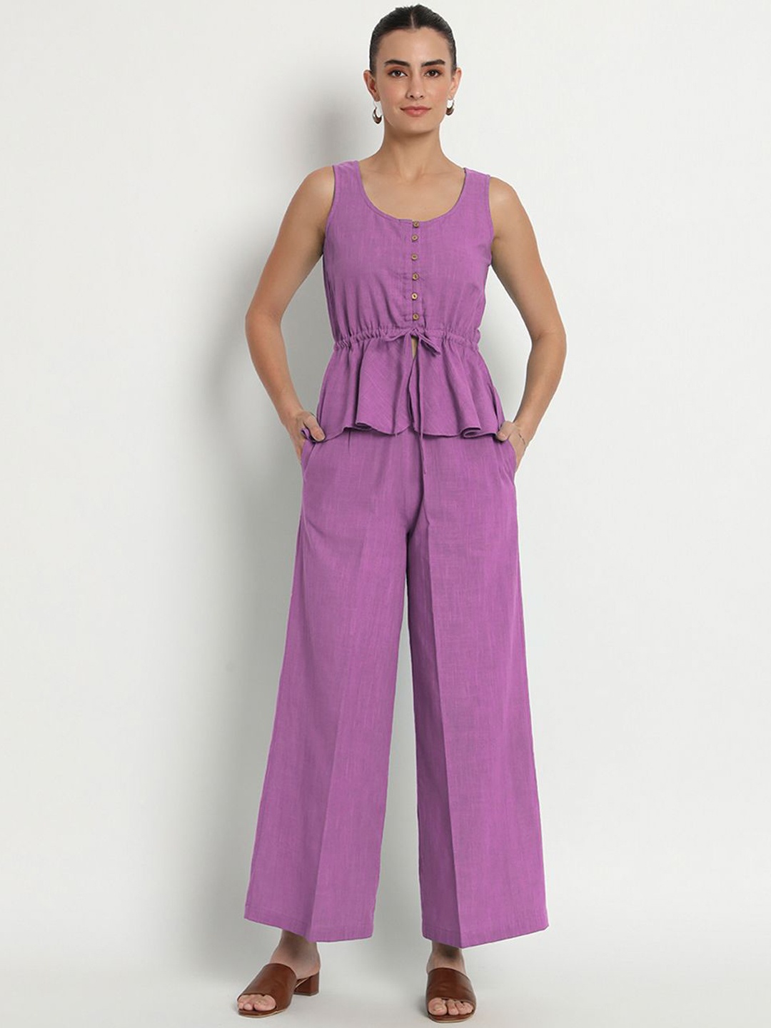 

Thevasa Paradise Round Neck Pure Cotton Peplum Top With Trouser, Purple