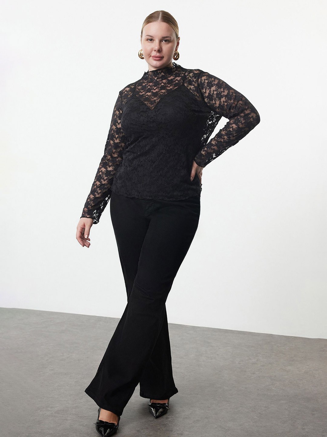 

Trendyol Women Plus Size Self Design Top, Black