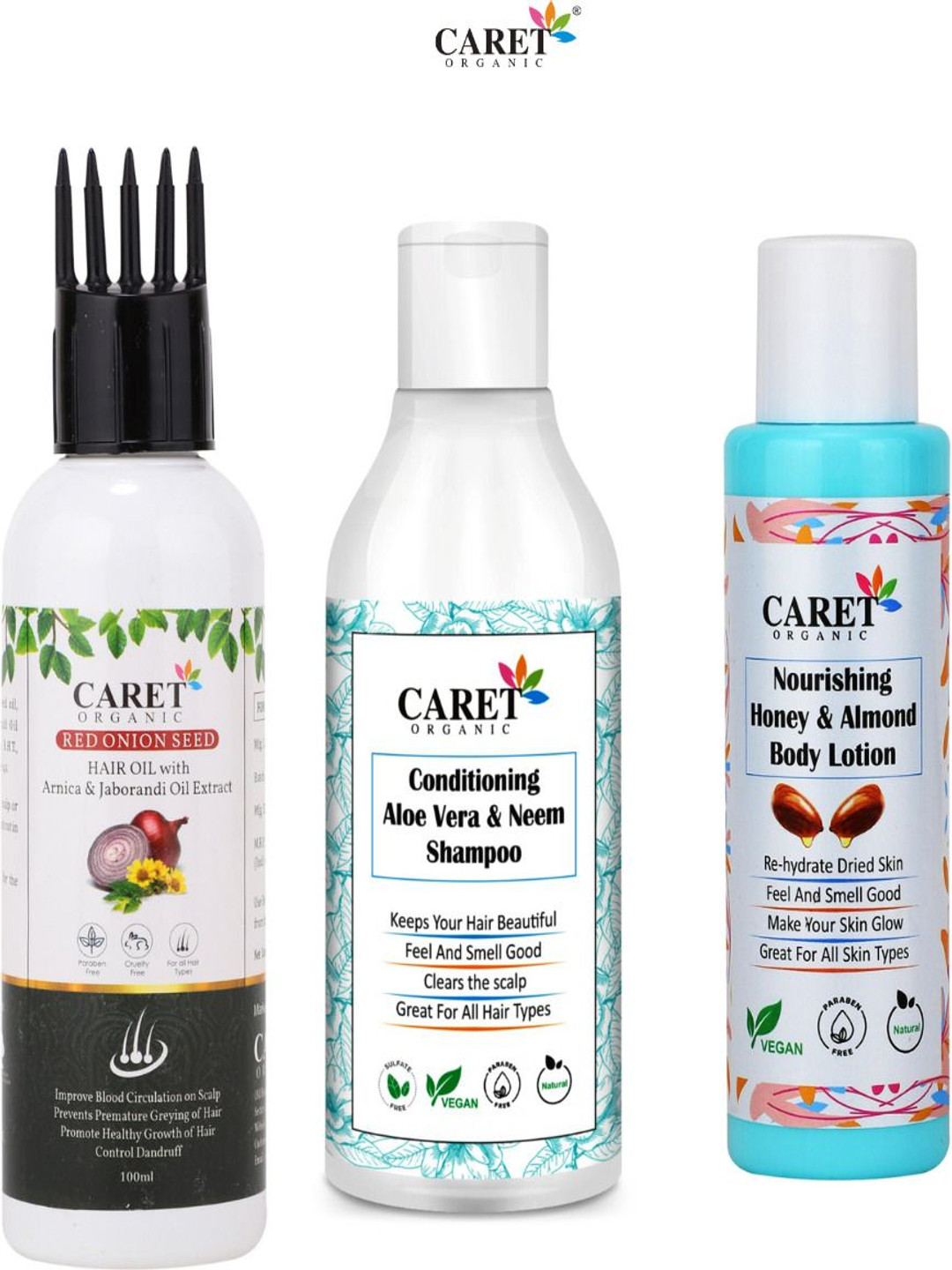 

CARET ORGANIC Set Of 3 Body Lotion With Hair Oil & Aloevera Neem Shampoo, White