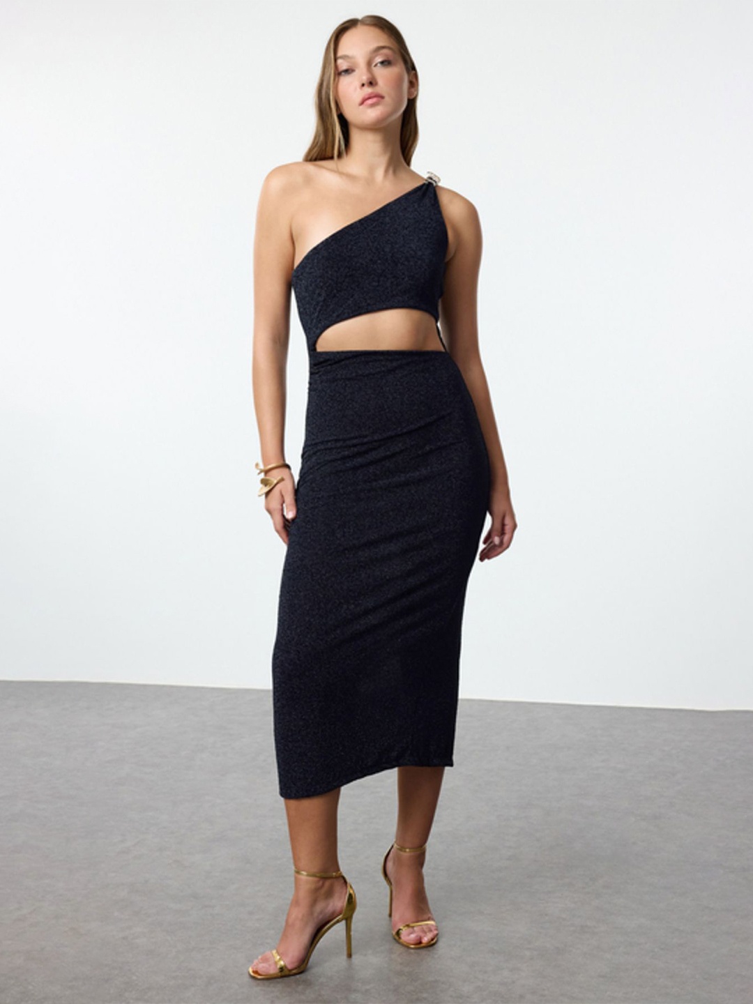 

Trendyol Women One Shoulder Bodycon Midi Dress with Cut-Outs Details, Black