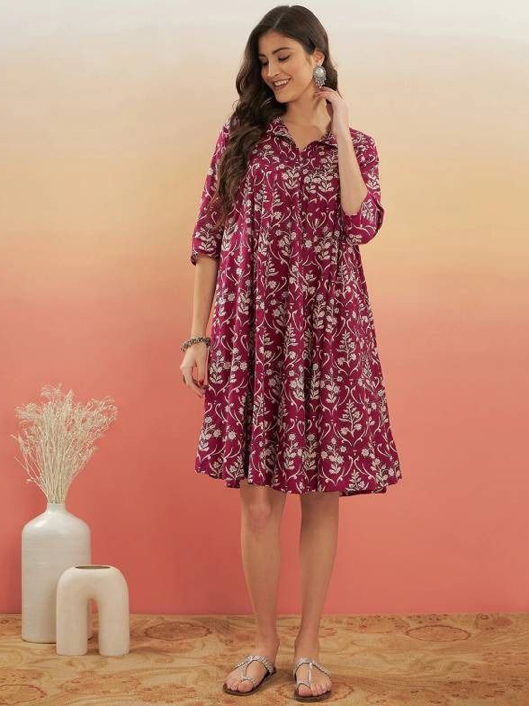 

Ligas Floral Printed Shirt Collar Ethnic Dress, Maroon