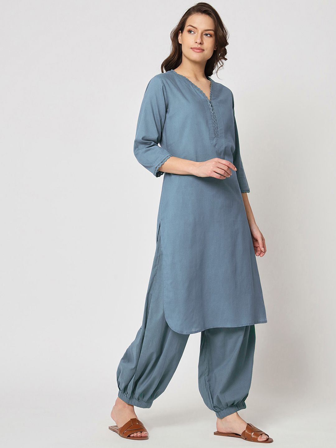 

Thevasa Lace Affair V-Neck Pure Cotton Long Tunic With Salwar, Blue