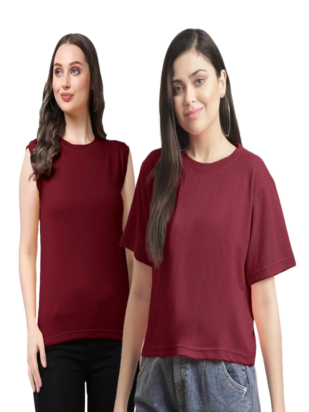 

NOTWILD Women Pack Of 2 Solid Round Neck Cotton T-shirts, Maroon