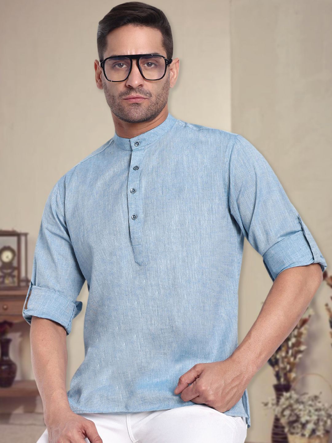 

Tesmare Band Collar Roll-Up Sleeves Pure Cotton Straight Short Kurtas, Blue