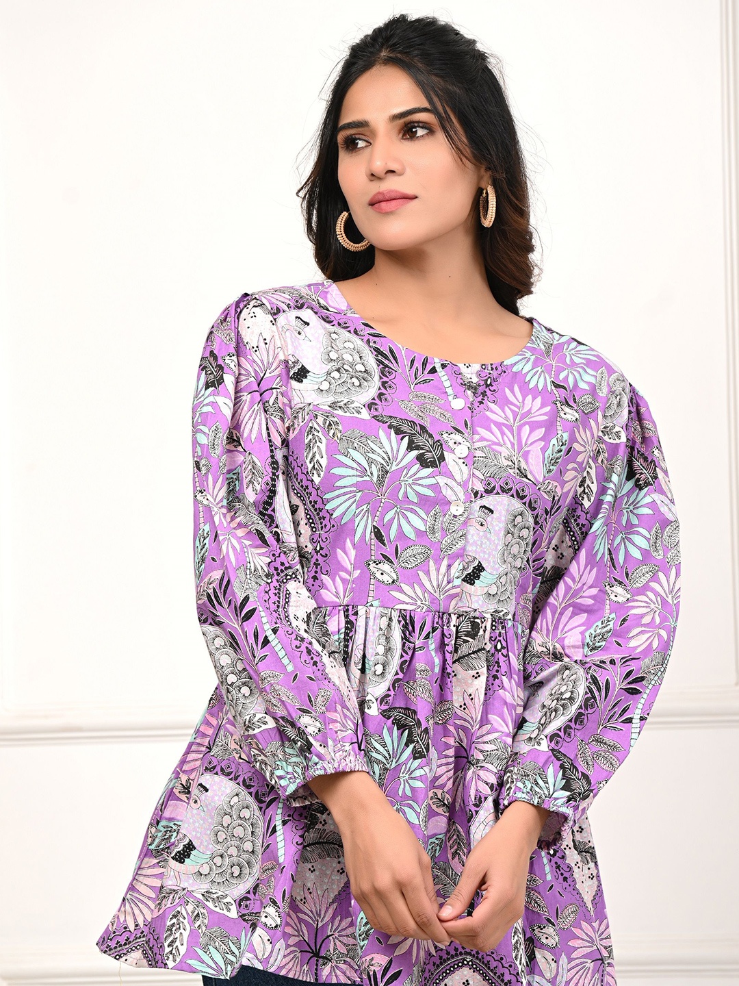 

Rimeline Floral Print Puff Sleeve Pure Cotton Top, Purple