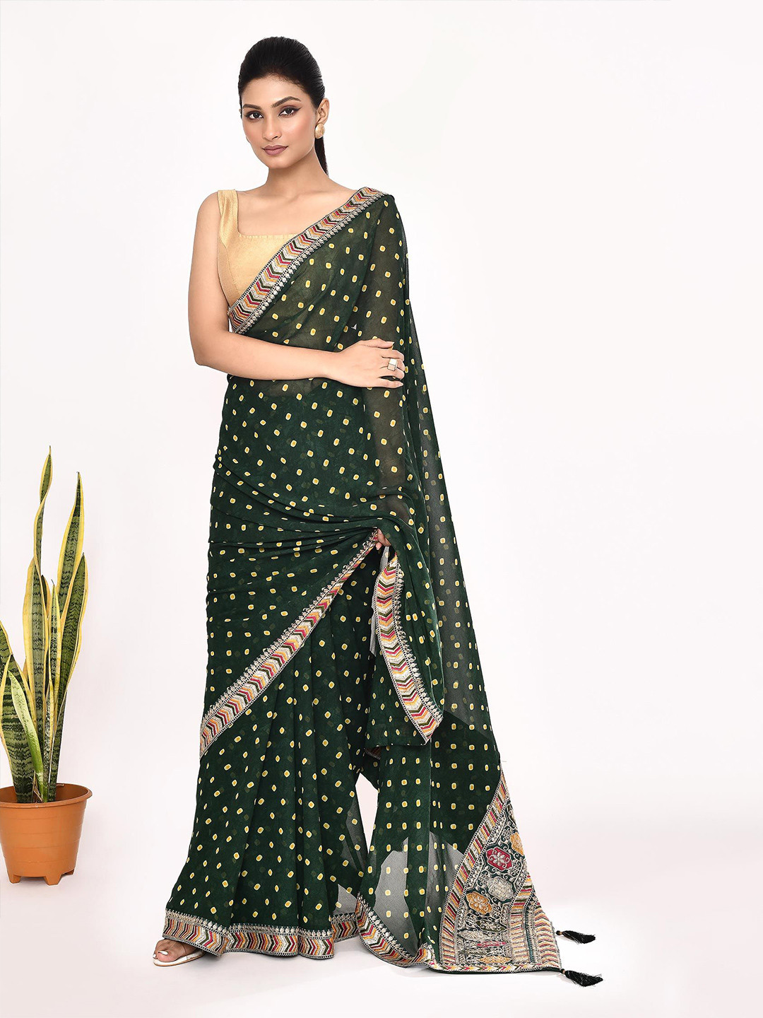

Manu Designer Printed Embroidered Pure Georgette Bandhani Saree, Green