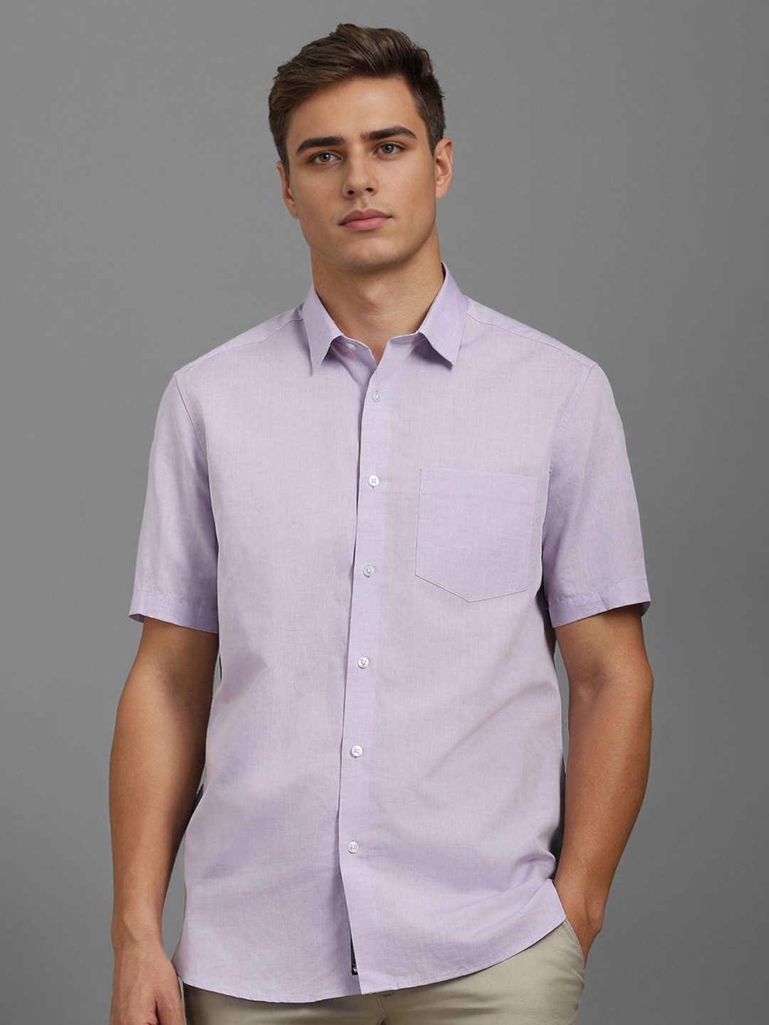 

Louis Philippe Men Classic Fit Spread Collar Solid Cotton Linen Casual Shirt, Lavender