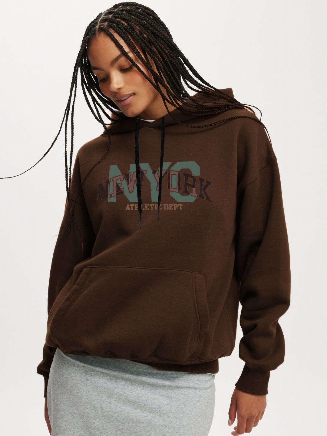

CLAFOUTIS Women Typography Printed Hooded Oversized Sweatshirt, Brown