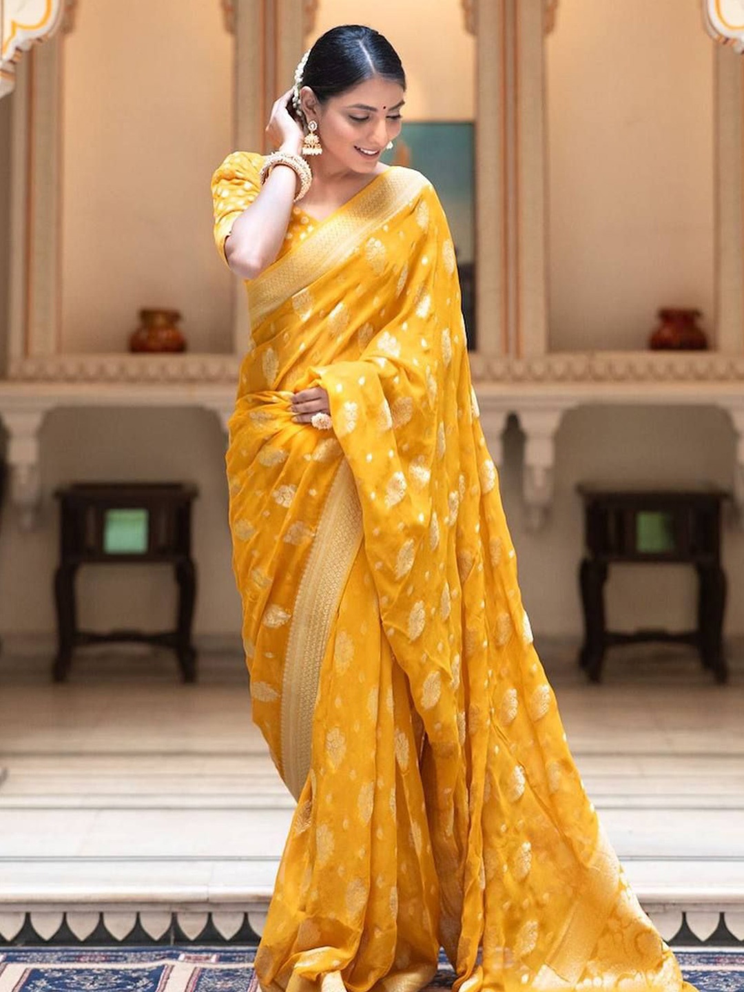 

Manu Designer Woven Design Zari Saree, Yellow