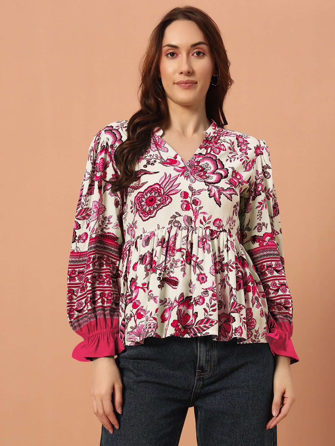 

The Dry State Women Floral Printed Bishop Sleeves Peplum Top, White