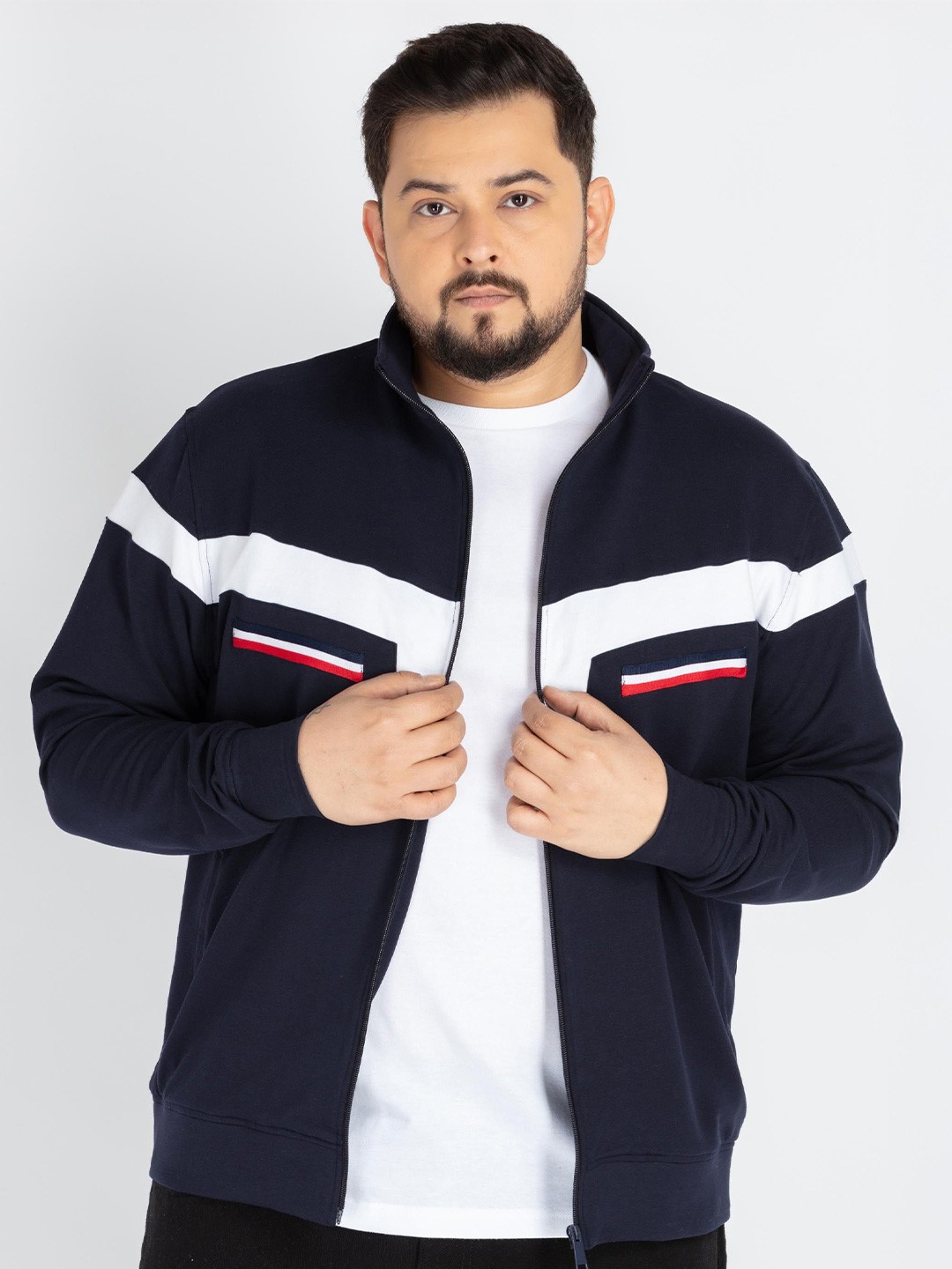 

UNSIZED Men Plus Size Mock Collar Colourblocked Sweatshirt, Blue
