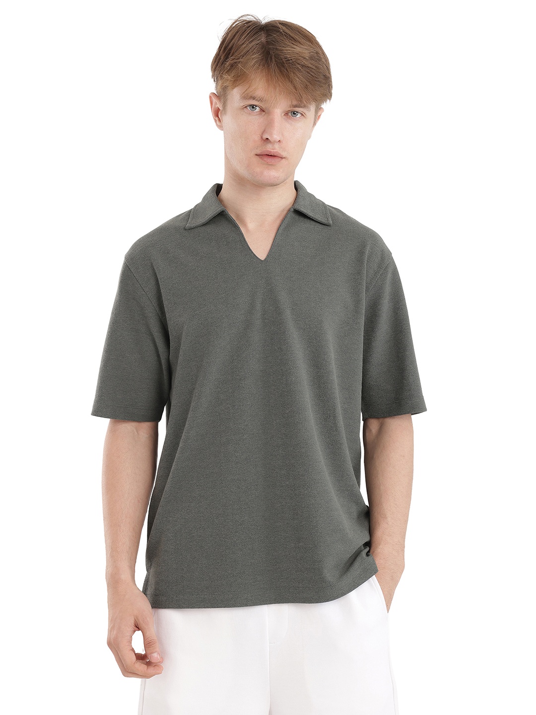 

RARE RABBIT Men Solid Polo Collar Cotton Oversized T-shirt, Olive