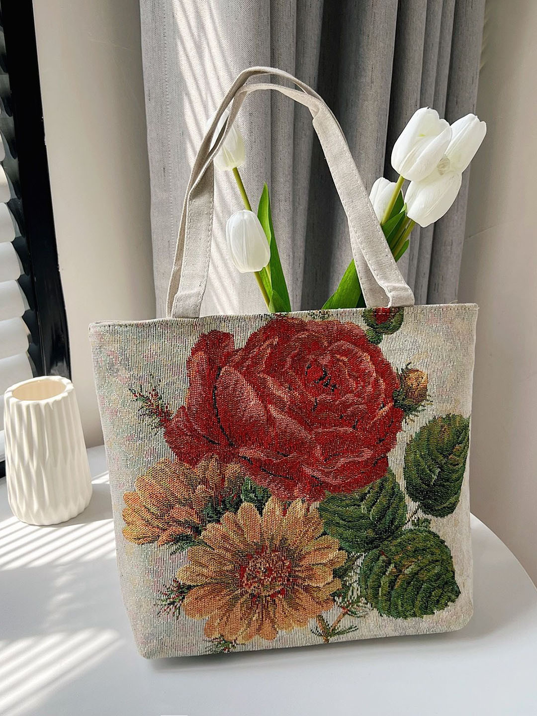 

StyleCast Women Floral Printed Structured Tote Bag, Beige