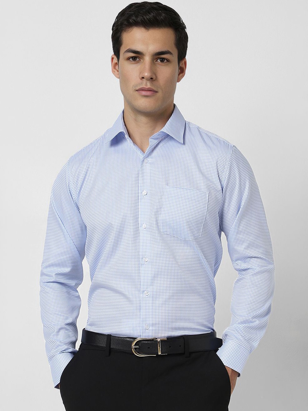 

Van Heusen Men Slim Fit Spread Collar Micro Checked Cotton Formal Shirt, Blue