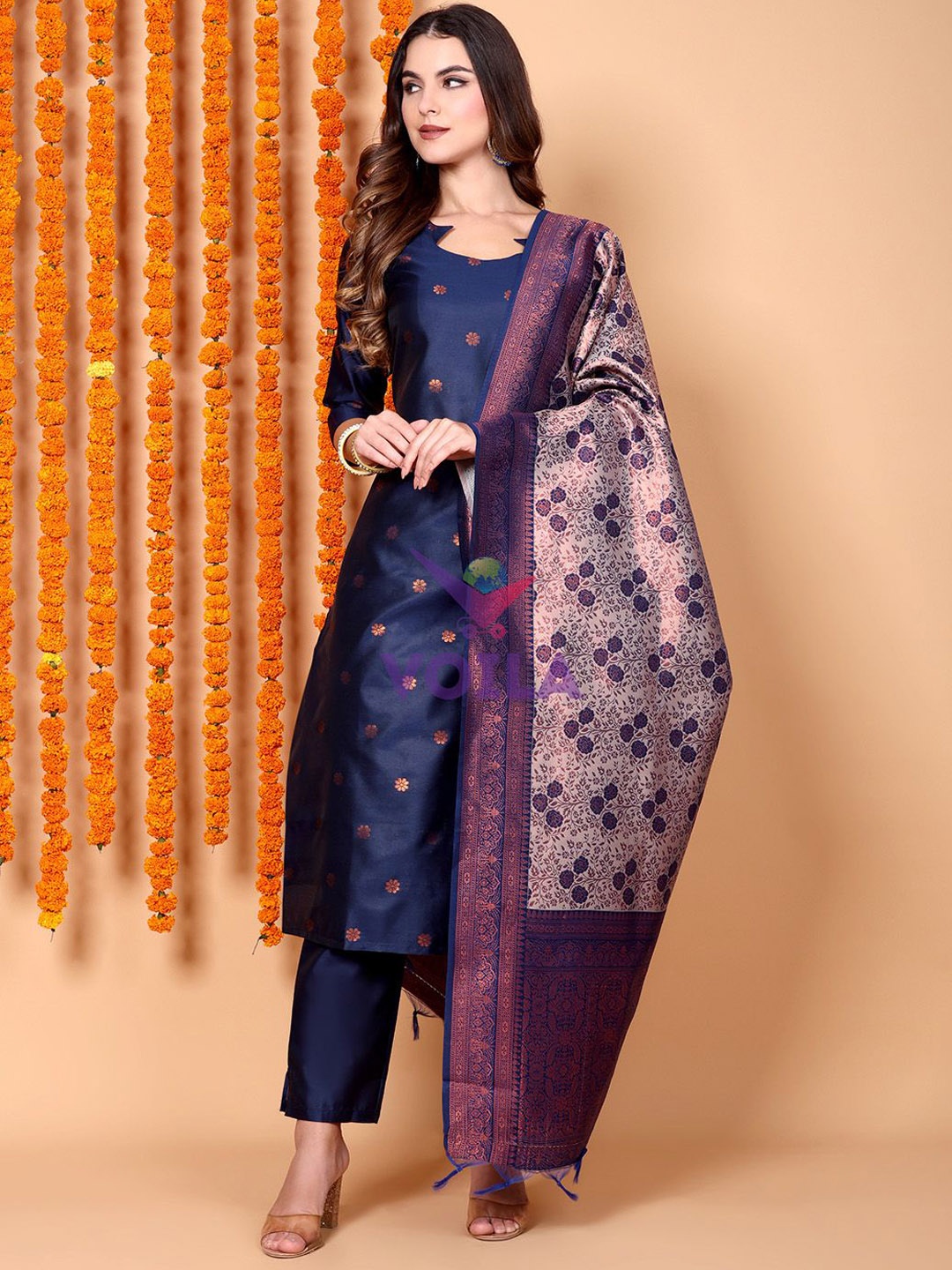 

Vastara the Label Floral Woven Design Straight Kurta With Trousers & Dupatta, Blue