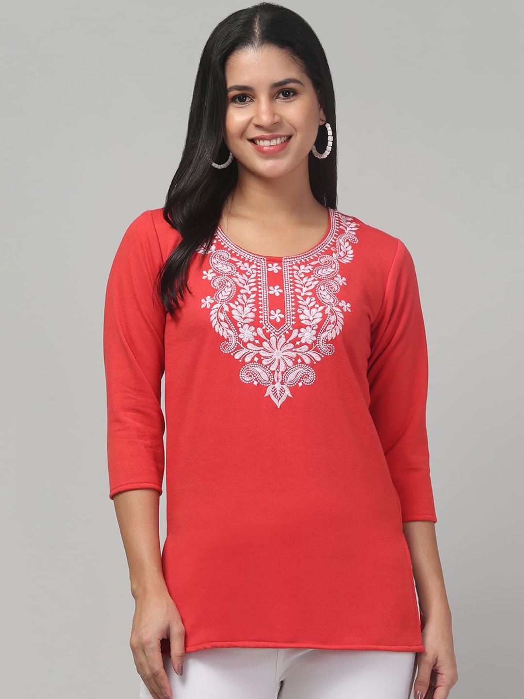 

FAMBEE Women Embroidered Thread Work Woollen Kurta, Rust