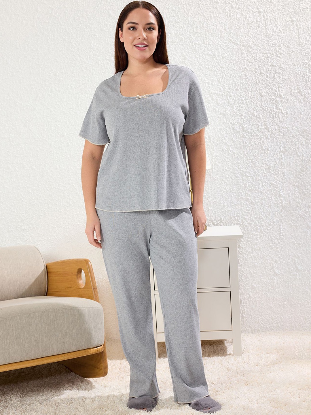 

Trendyol Round Neck Night Suits, Grey