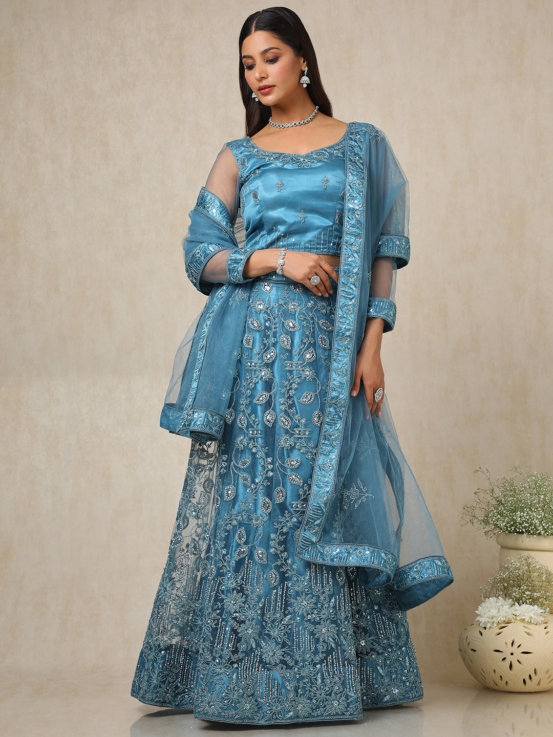 

Soch Embellished Beads and Stones Unstitched Lehenga & Blouse With Dupatta, Blue
