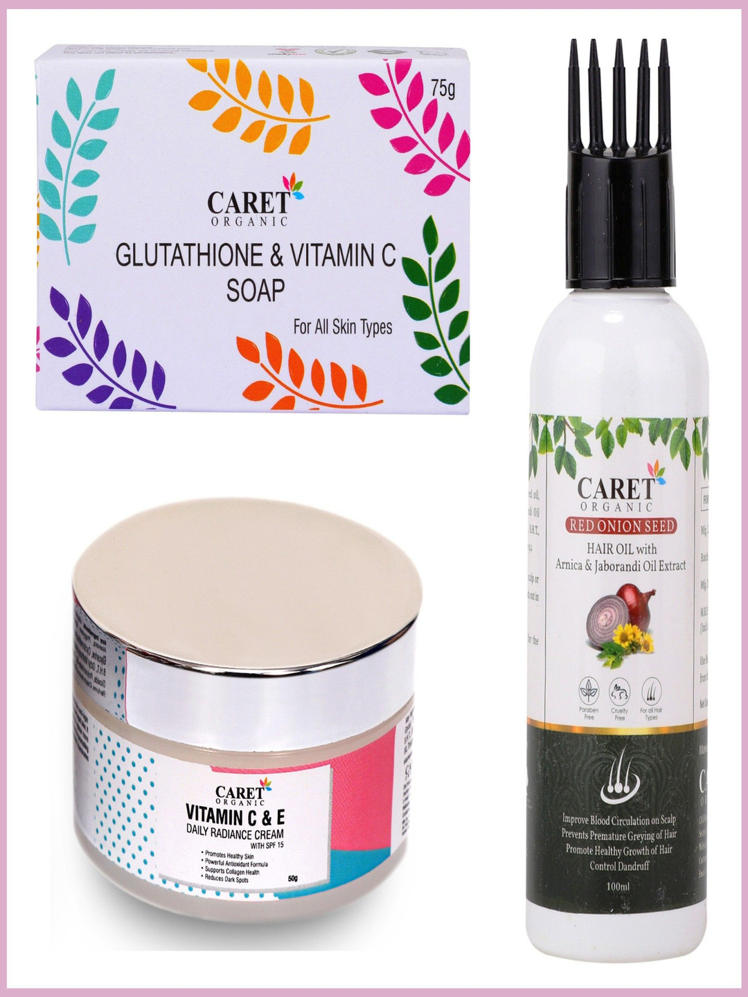 

CARET ORGANIC 3Pc Glutathione Vitamin C Soap With Onion Oil & Vitamin C Radiance Cream, Multi