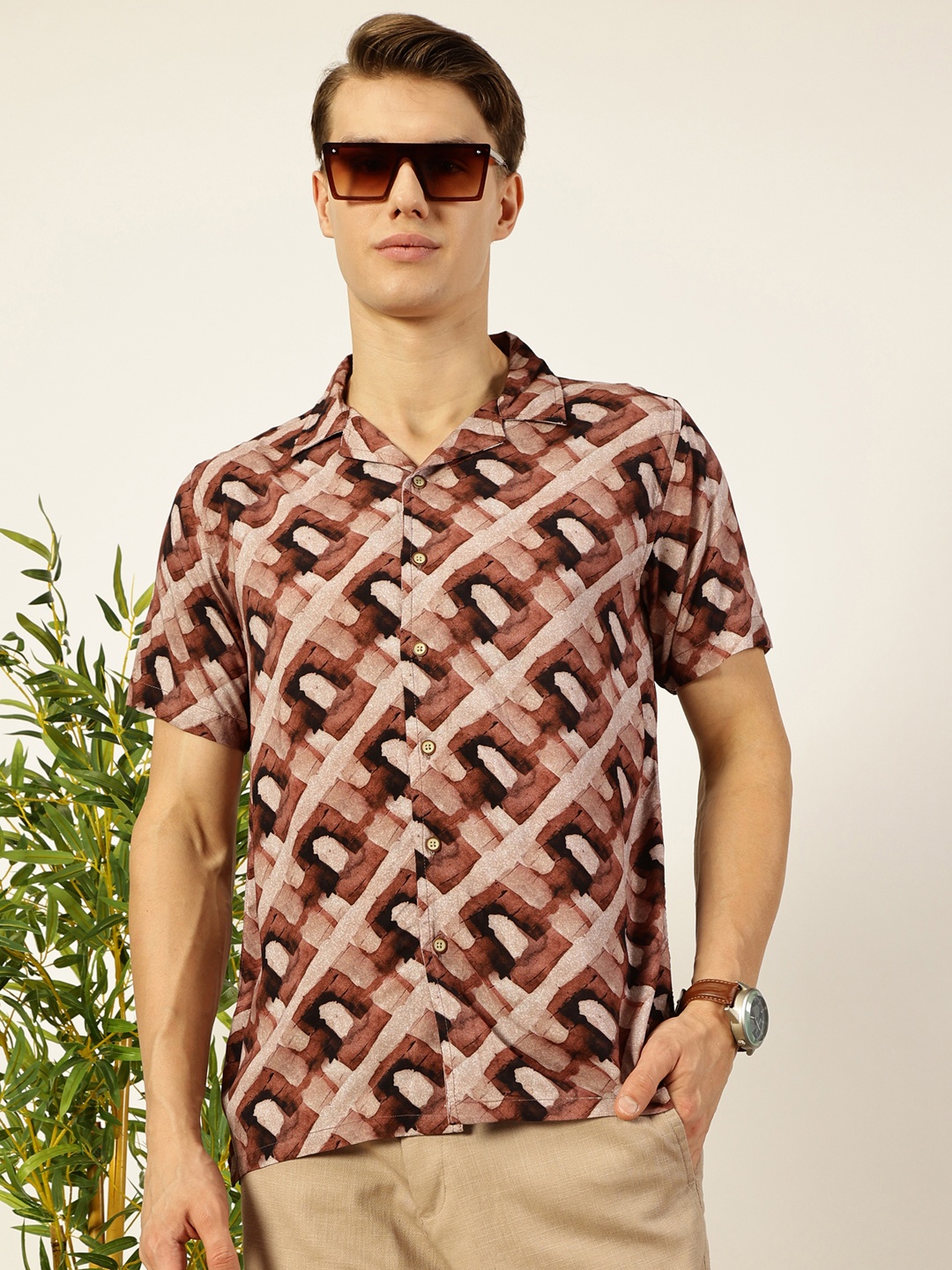 

Mast & Harbour Men Cuban Collar Graphic Printed Cotton Casual Shirt, Brown